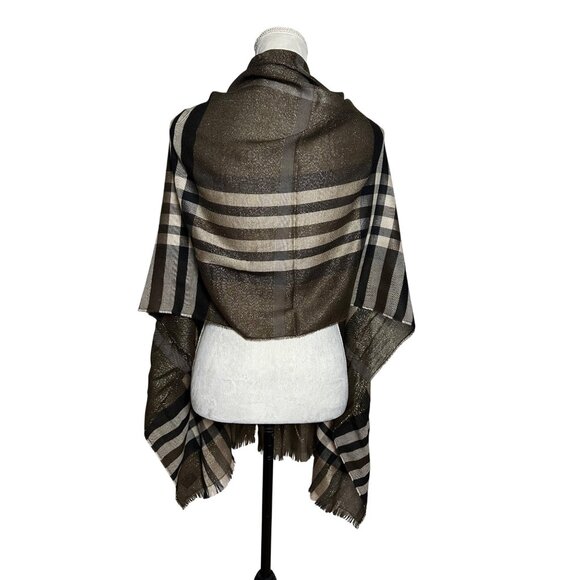 V. Fraas Striped Fringe Scarf Shawl Wrap Made In Germany  Brown & Black 80 X 22 - Picture 2 of 8